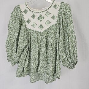 In Loom Floral Blouse Shirt Green Womens Size Small Embroidered Top Peasant D108